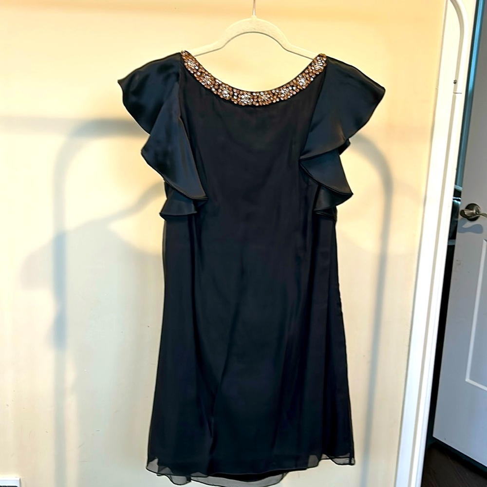 Alice & Olivia- silk & satin black mini dress with copper & silver beading -Med